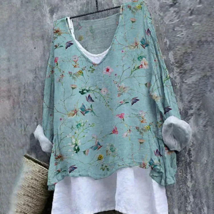 Floral Cotton And Linen V-Neck Cozy Shirt Tunic Top