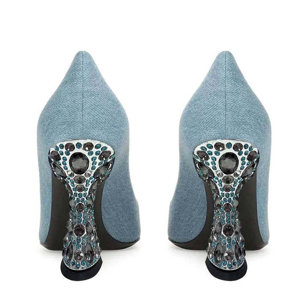 Denim Blue Pointed Rhinestone Embellished Heels for Elegant Ladies