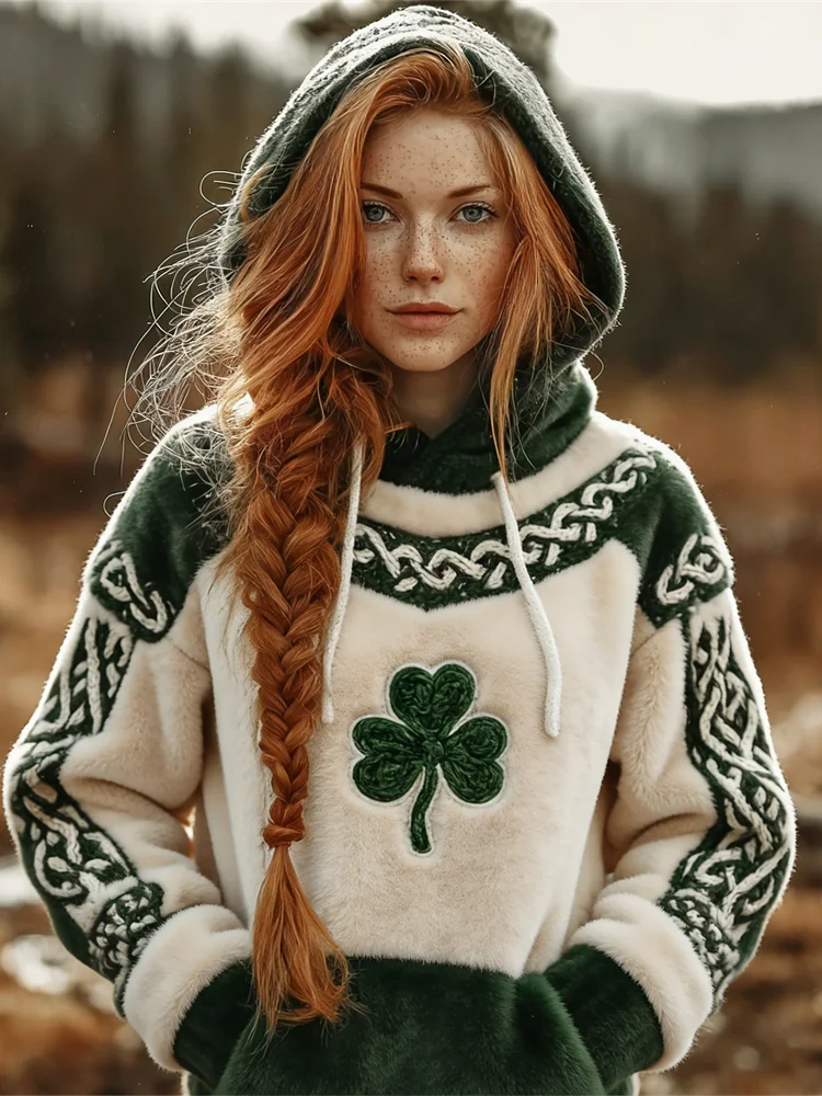 Vintage Celtic Knot & Shamrock Women's Plush Hooded Sweater