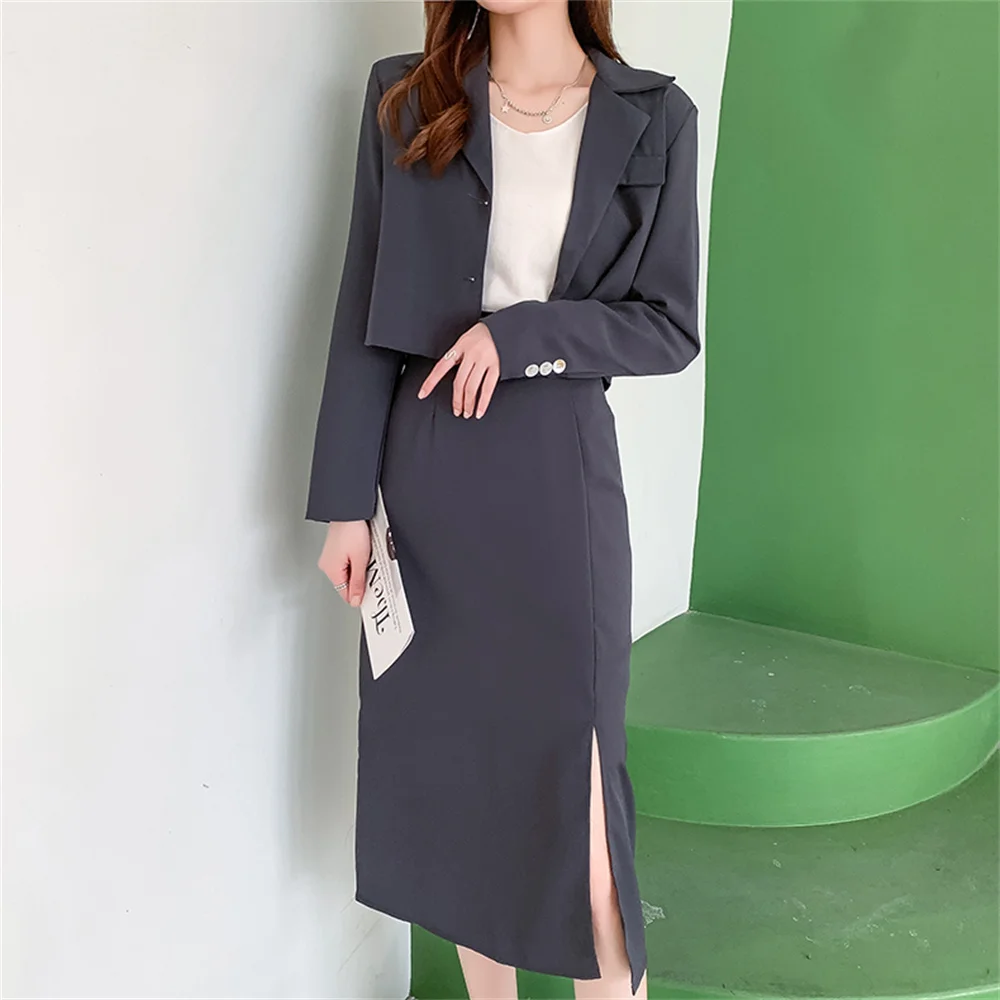 Jangj Alien Kitty Autumn Women Two Pieces Sets Lady Short Chic Slim Blazers 2021 Casual High Waist Bodycon Sexy OL Split Long Skirts