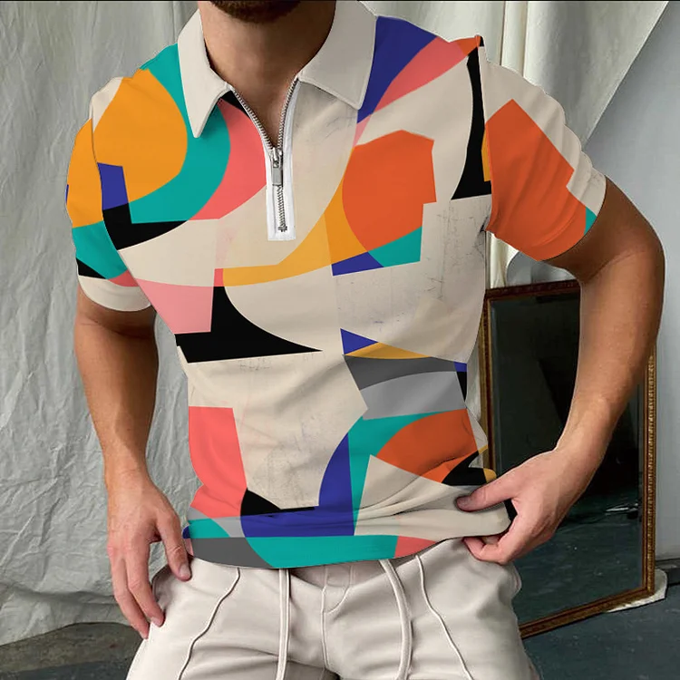 Abstract Geometry Pattern Casual Short Sleeve Tops Zipper Men's Polo Shirts at Hiphopee