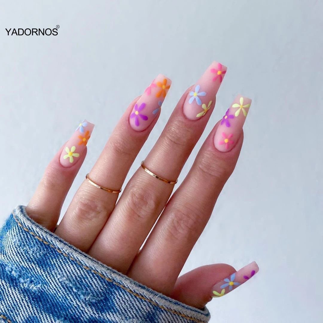 Agreedl Sweet Fake Nails Long Square Head Colorful Sun Flower Full Cover Nails Wearable Finished Nail Piece with Glue TY