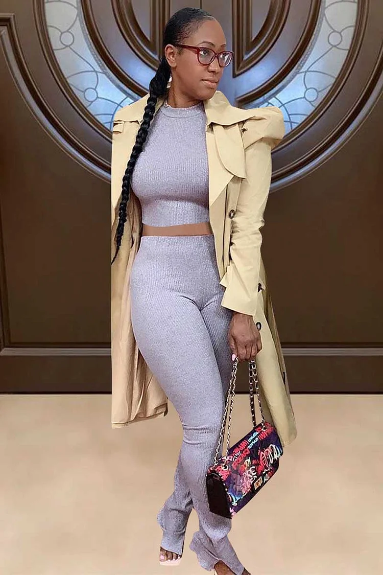 Juliet Sleeve Button Solid Color Trench Coat-Khaki