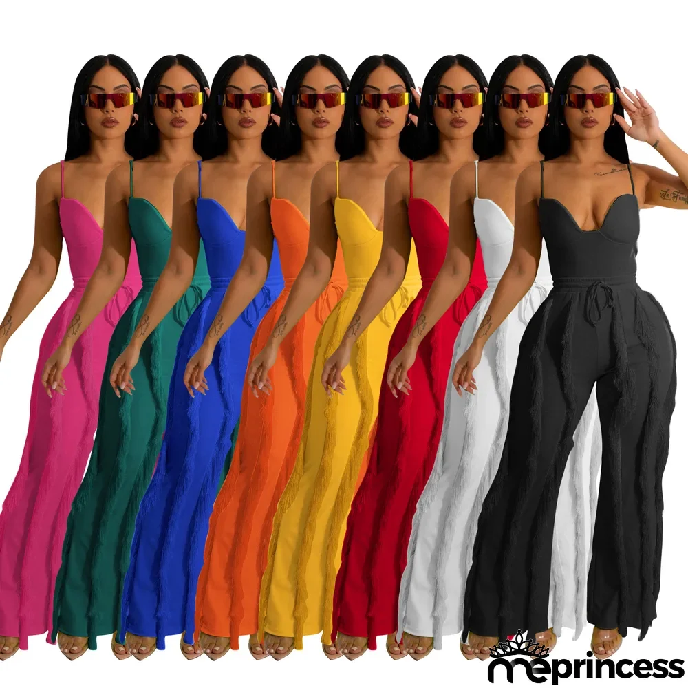 Sexy Halter Jumpsuit Tassel Lace Solid Color Two-piece