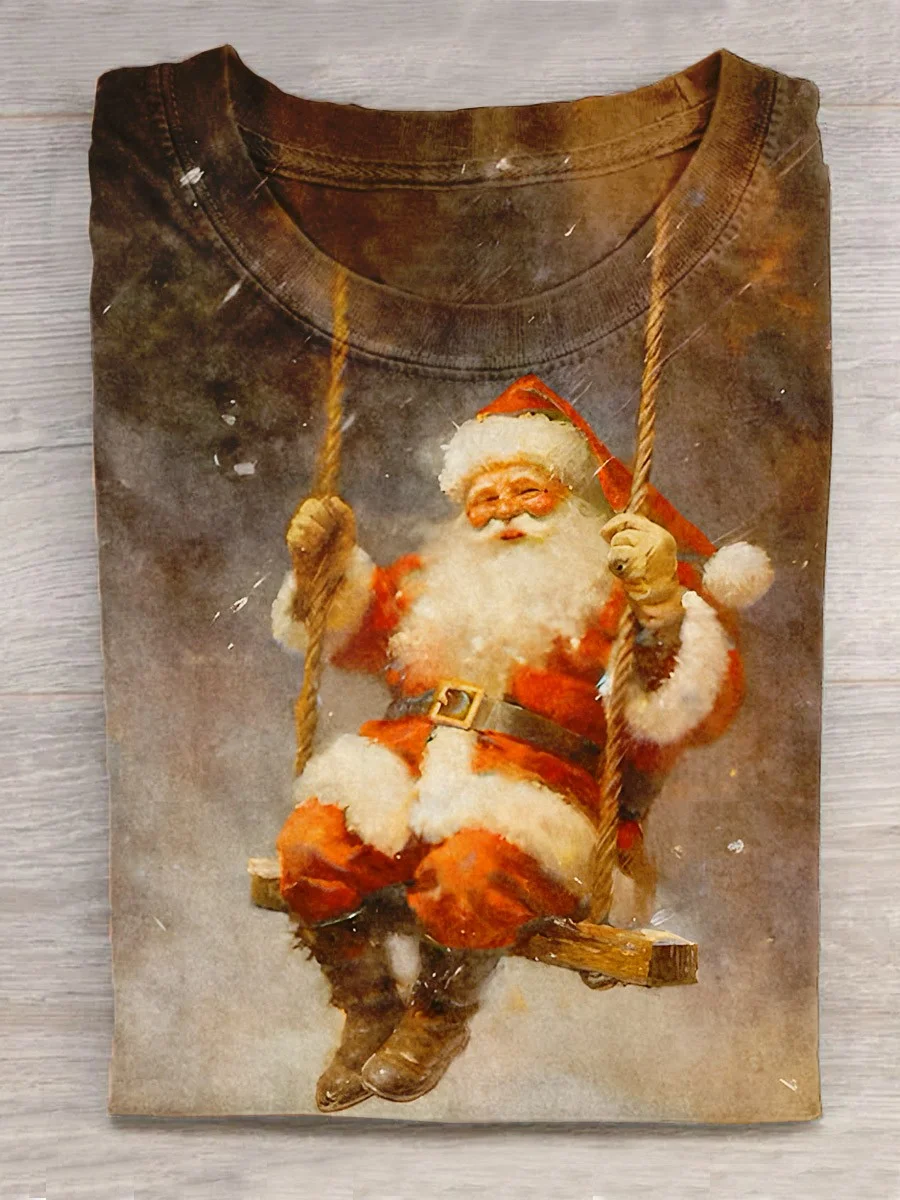 Cute Santa Claus Swinging In The Snow Christmas Art Print Casual T-Shirt