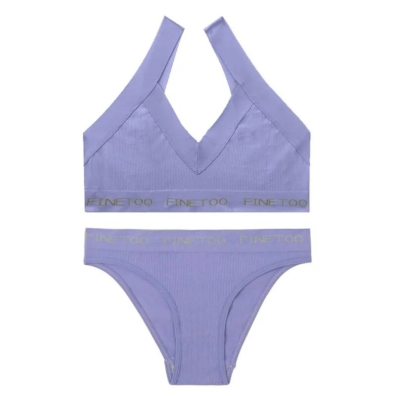FINETOO Seamless Bra Set Women Deep V Tops Fashion Letter Panties M-XL Ladies Underwear Suit Tube Top Female Briefs Lingerie Set