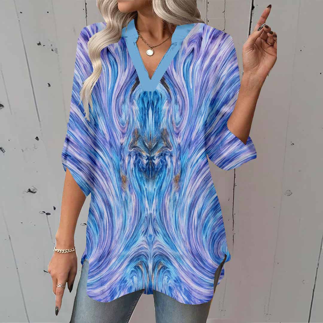 Women Purple, Painterly, Bohemian DZGA0405 3/4 Sleeve V-neck Printed Graphic Button Tops