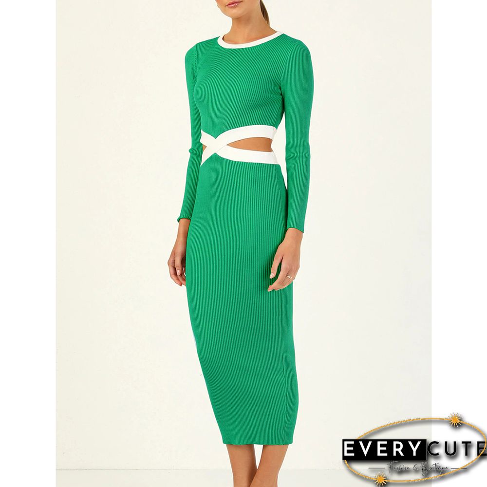 Green Ribbed Cut-out Long Sleeve Bodycon Dress