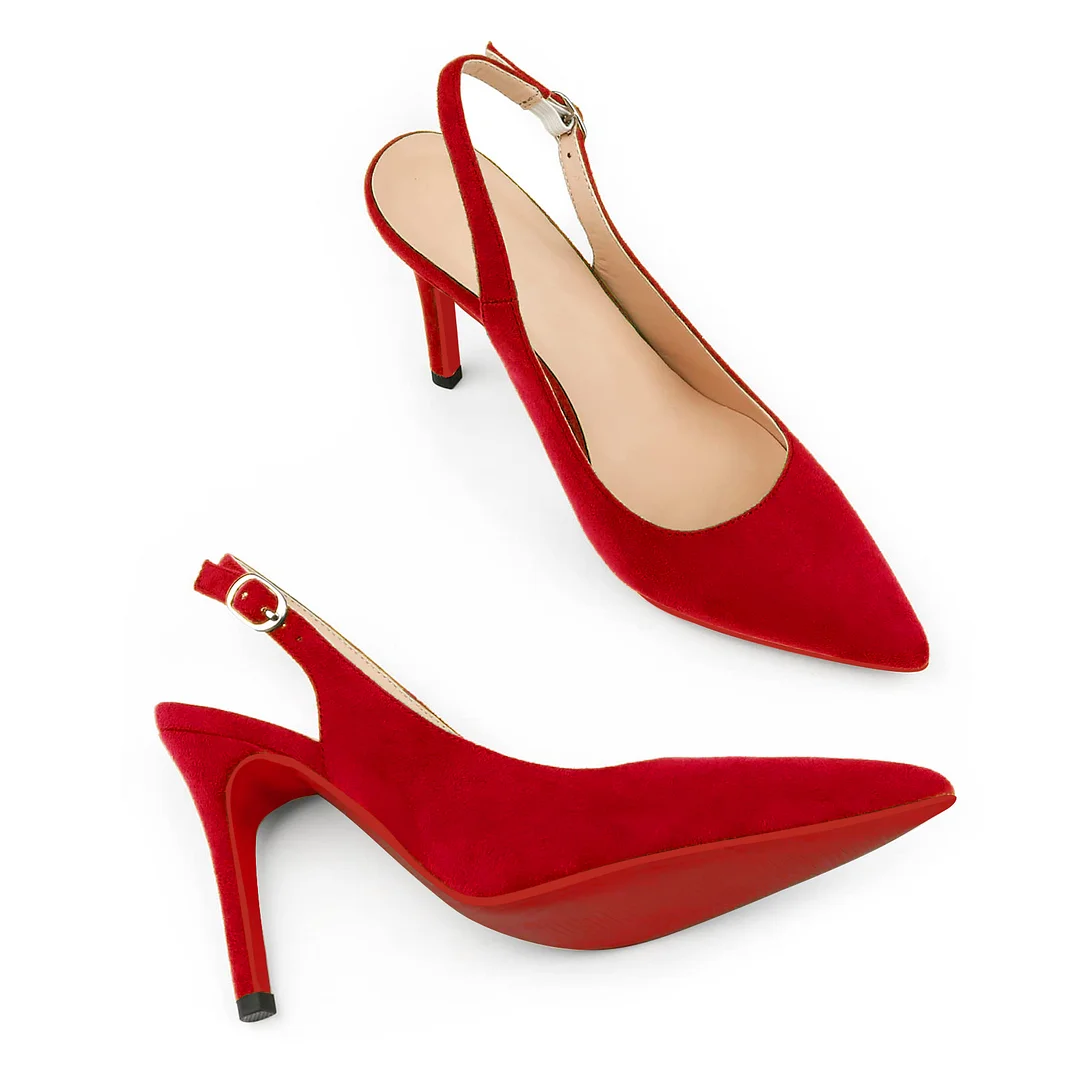 90mm Mid Heels for Women Slingback Pumps Sandals Pointed Toe Pumps Red Bottoms Suede Shoes-MERUMOTE
