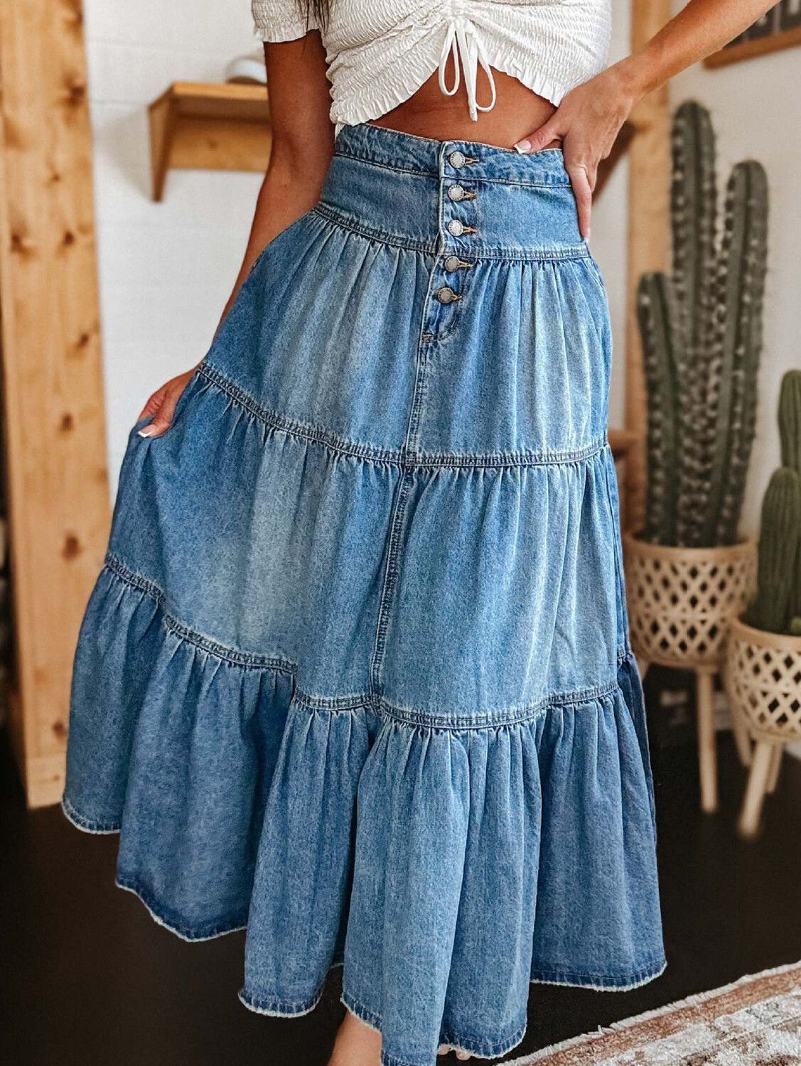 Boho Denim High Rise Button Tiered Maxi Skirt