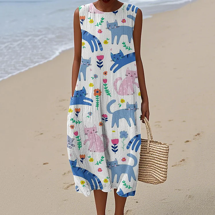 Vintage Cute Cat Flowers Art Linen Midi Dress