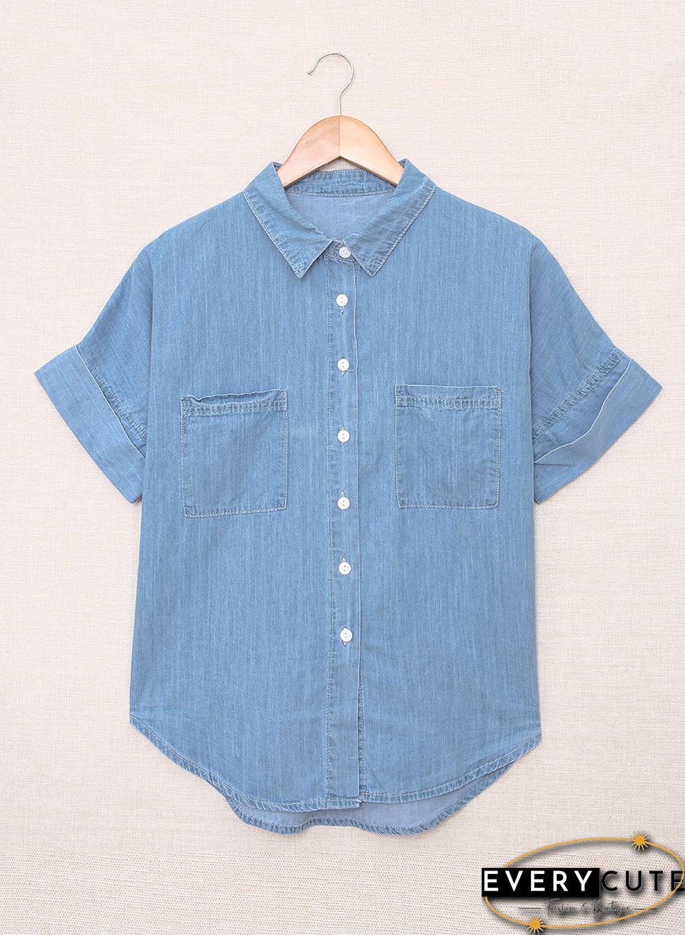 Light Blue Turn-down Collar Short Sleeve Denim Shirt