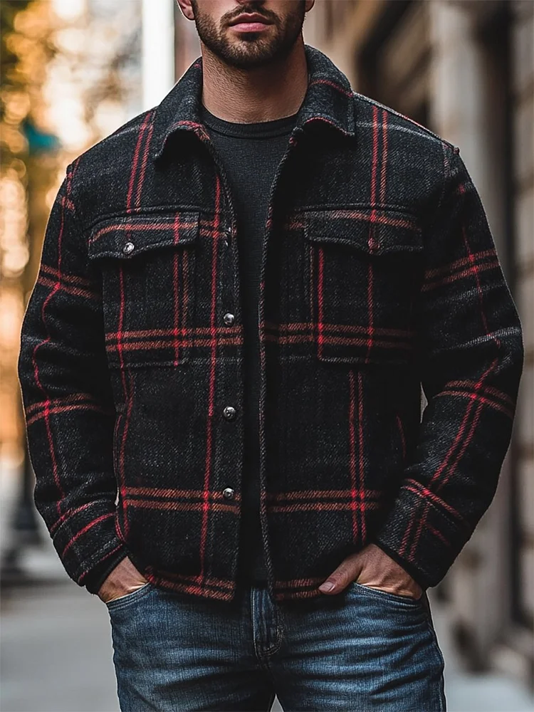 Men's Casual Plaid Long Sleeve Jacket