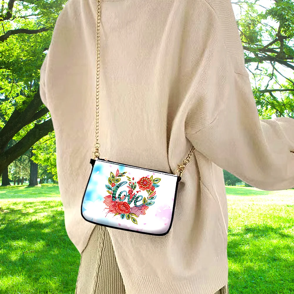 5D DIY Flower Love Diamond Painting Coin Chain Purse Diamond Handmade Crossbody Bag