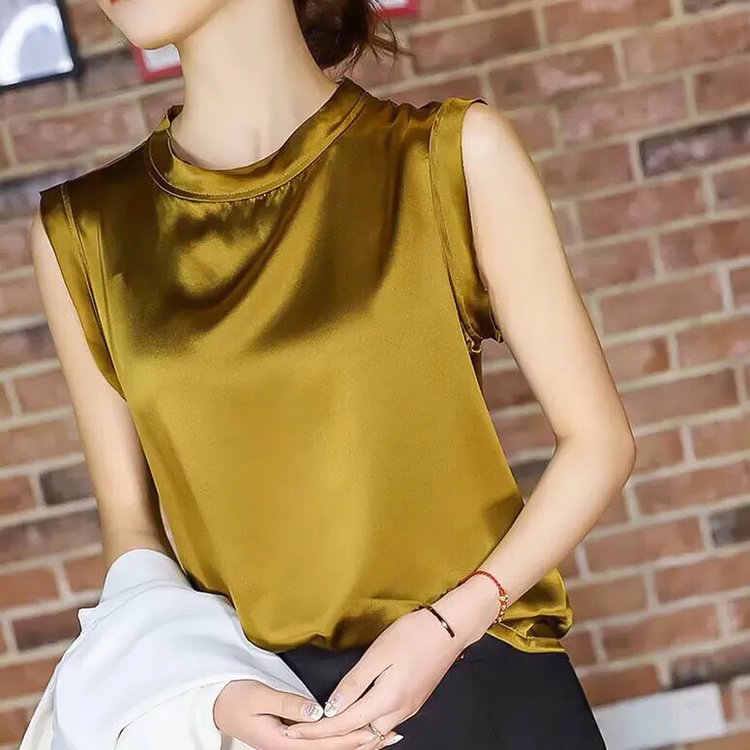 Summer Thin Tank Silk Elegant Woman Top Vests Sleeveless Korean Fashion Clothing Loose Yellow Blue Black Tube Urban - Life is Beautiful for You - SheChoic