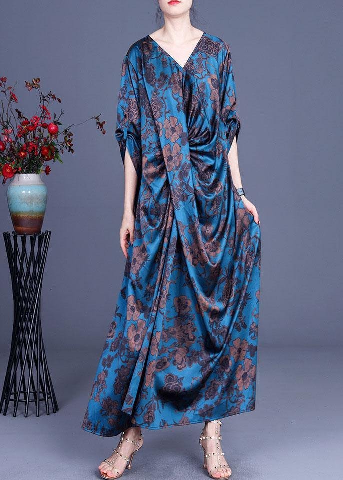 Blue Vogue Print Summer Silk Robe Dresses Half Sleeve