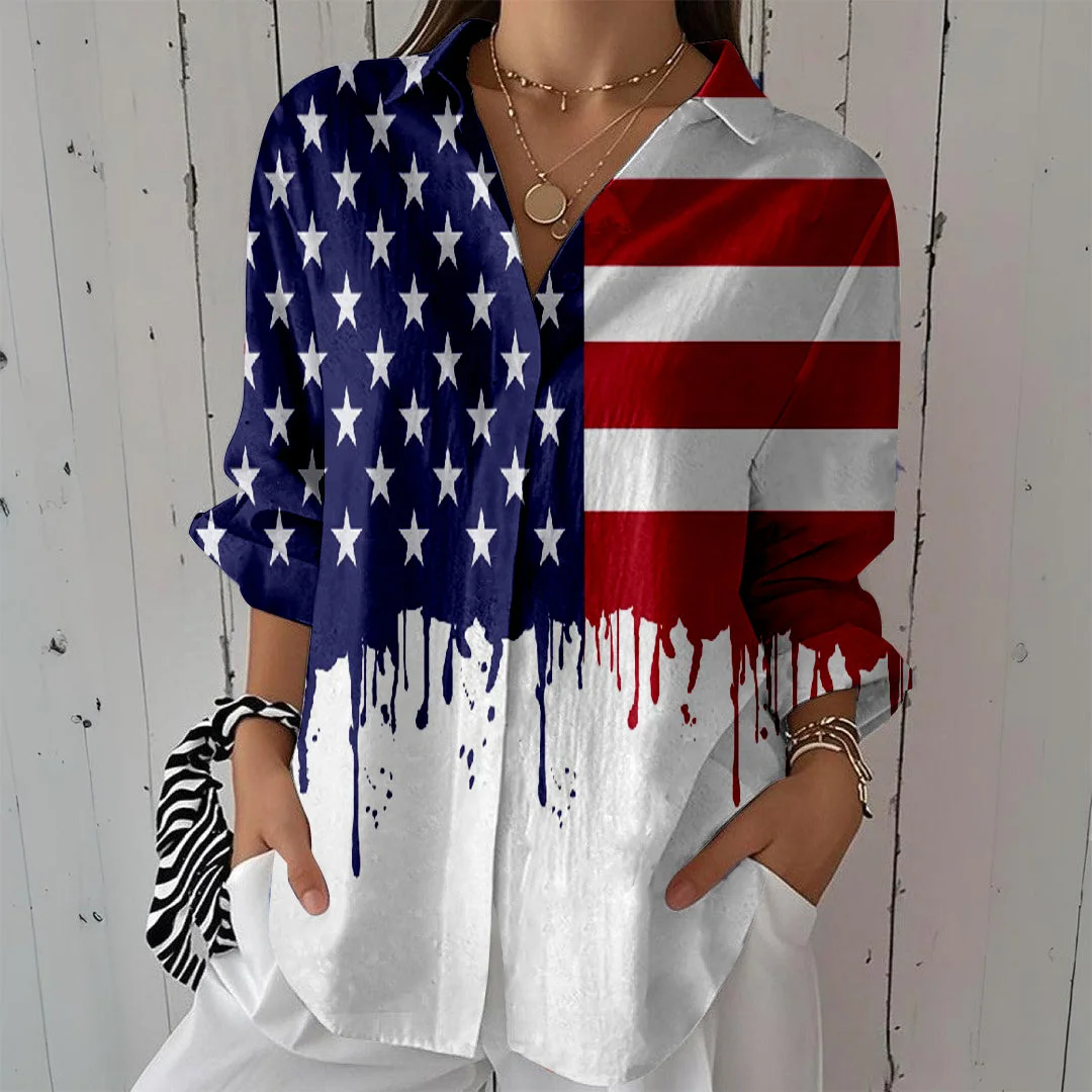 Style & Comfort for Mature Women Women  Independence Day, Star, Striped, Blue, Red DZCL0221 3/4 Sleeve Shirt Collar Printed Button Tops
