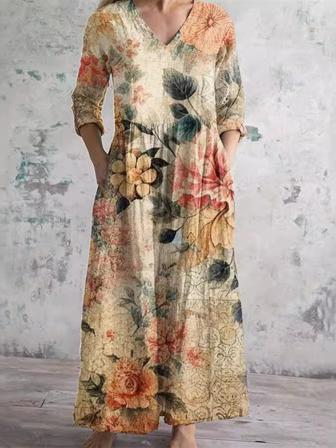 Women's Long Sleeve V-neck Floral Printed Midi Dress