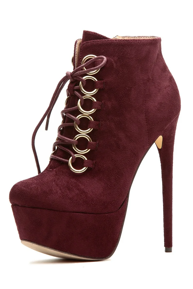 Burgundy Platform Lace-up Stiletto Heel Ankle Boots Vdcoo