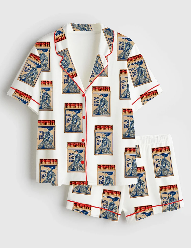 Women&rsquo;s Cool It Cowboy Matchbook Print Coastal Western Cowgirl Print Short Sleeve Satin Pajama Set