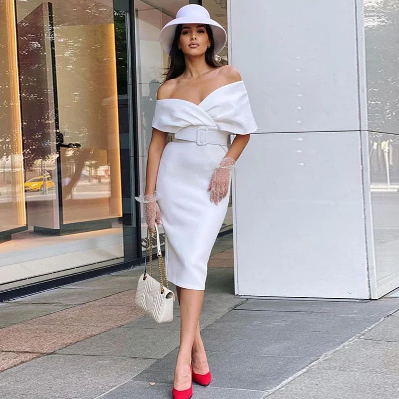 WannaThis Off Shoulder Short Sleeve Dresses For Women Elegant Autumn 2021 Vintage Streetwear Party Female Vestidos With A Belt