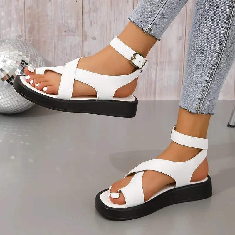 Breakj Breakj Women 2025 New Large-Size Coated Toe Polyurethane Deep Base Leisure Outside The Roman Wind Wearing Ring Buckle With Women's Sandals