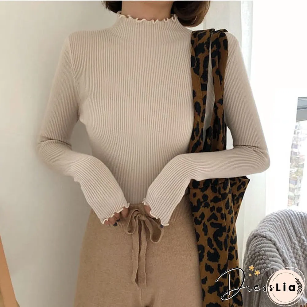 Christmas Gift Womens Sweater Women Knitted Ribbed Pullover Long Sleeve Ruffles Turtleneck