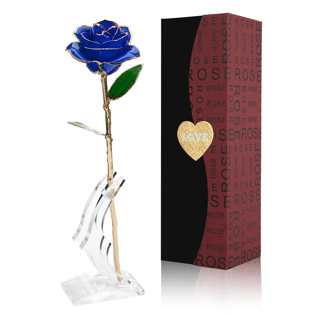 24K Gold Foil Trim Rose Flower Long Stem with Transparent Stand, Anniversary Gifts for Her, Best Gift for Valentines Day