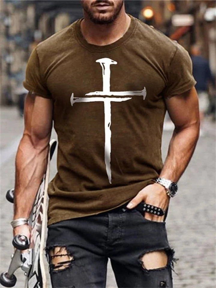 Men's Slim Cross 3D Print Round Neck Casual Sports T-shirt-Cosfine