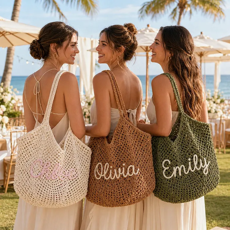 Personalised Straw Knitted Beach Bag and Crochet Tote - Unique Bridesmaid Gift Bags, Travel Wedding Favor, Bachelorette Trip Present