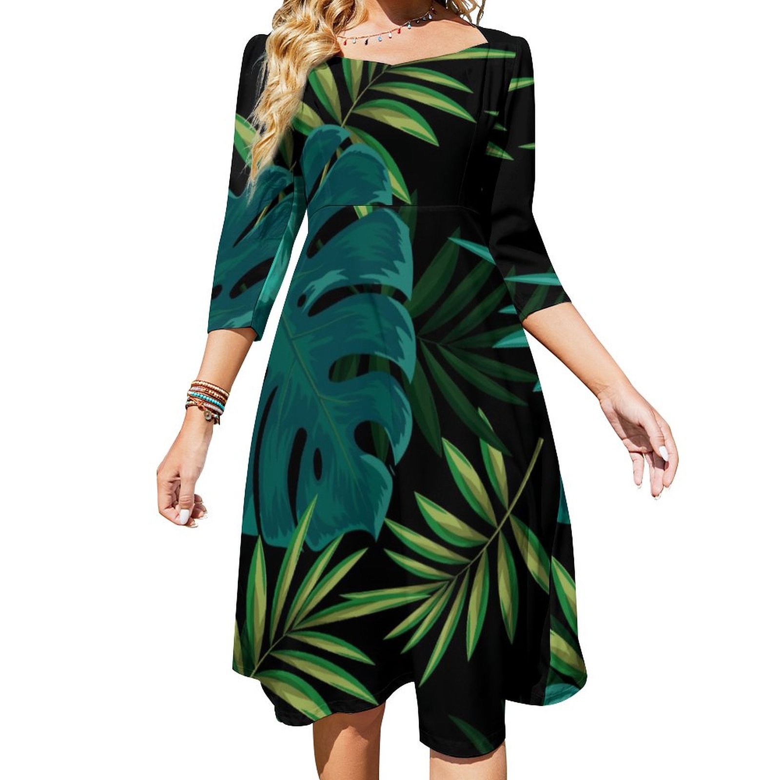 Elegant Tropical Botanical Leaves Acrylic Art Dress Sweetheart Tie Back Flared 3/4 Sleeve Midi Dresses