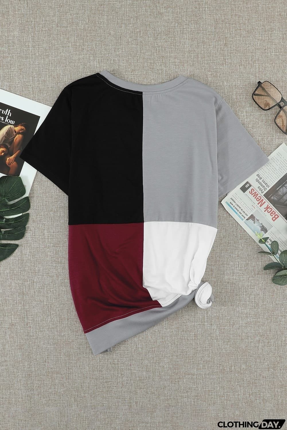 Women's Casual Wine Red Colorblock T-shirt with Slits