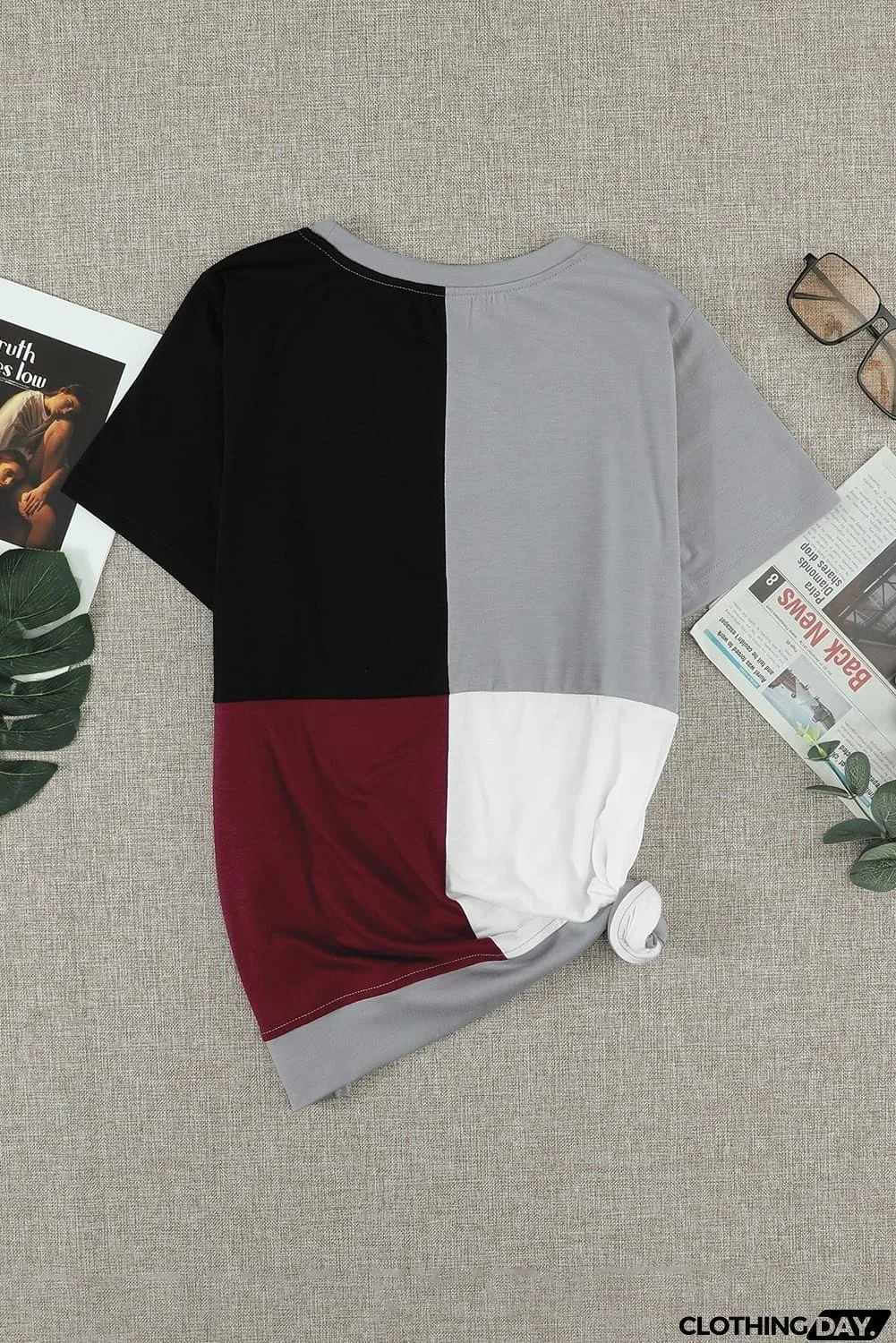 Women's Casual Wine Red Colorblock T-shirt with Slits
