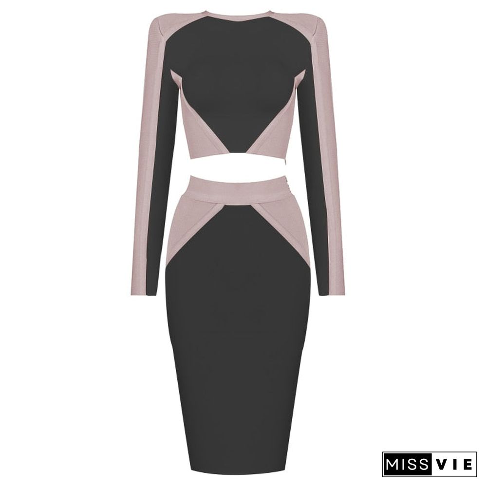 New Women'S Sexy Hit Color Long-Sleeved Stitching Side Zipper Bodycon Bandage Two-Piece Set Celebrity Party Club Suit