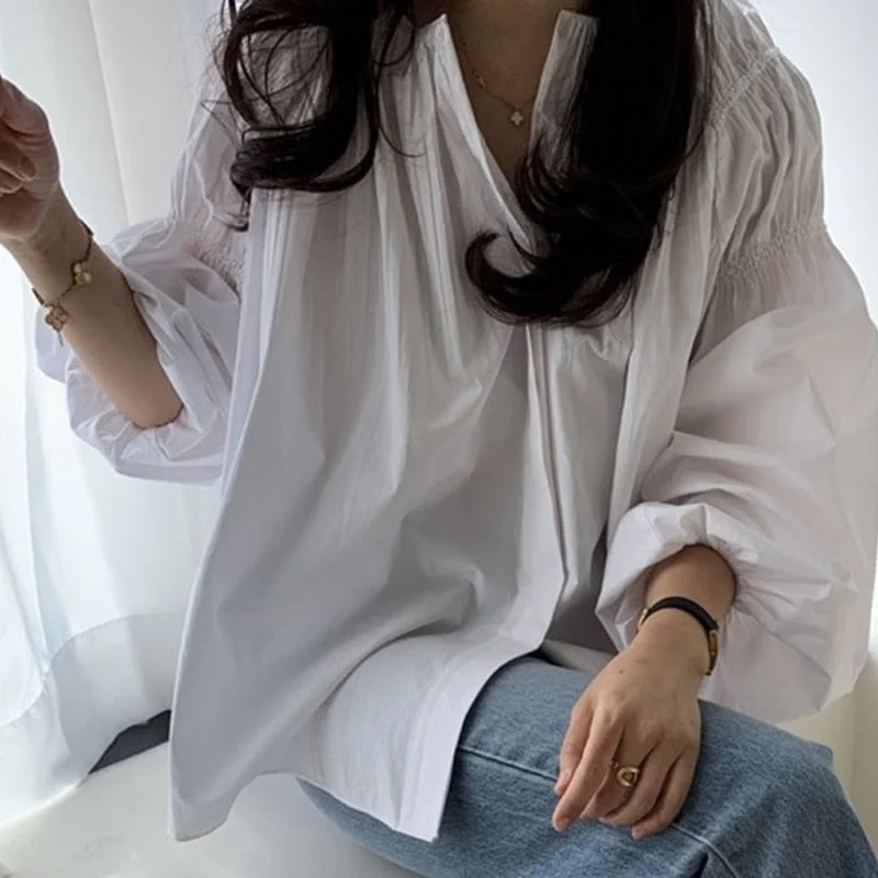 Spring Oversized Puff Long Sleeve Women Blouse New O Neck  Pleated Fold Loose Tops Solid All-match Plus Size Shirt Blusas 13789