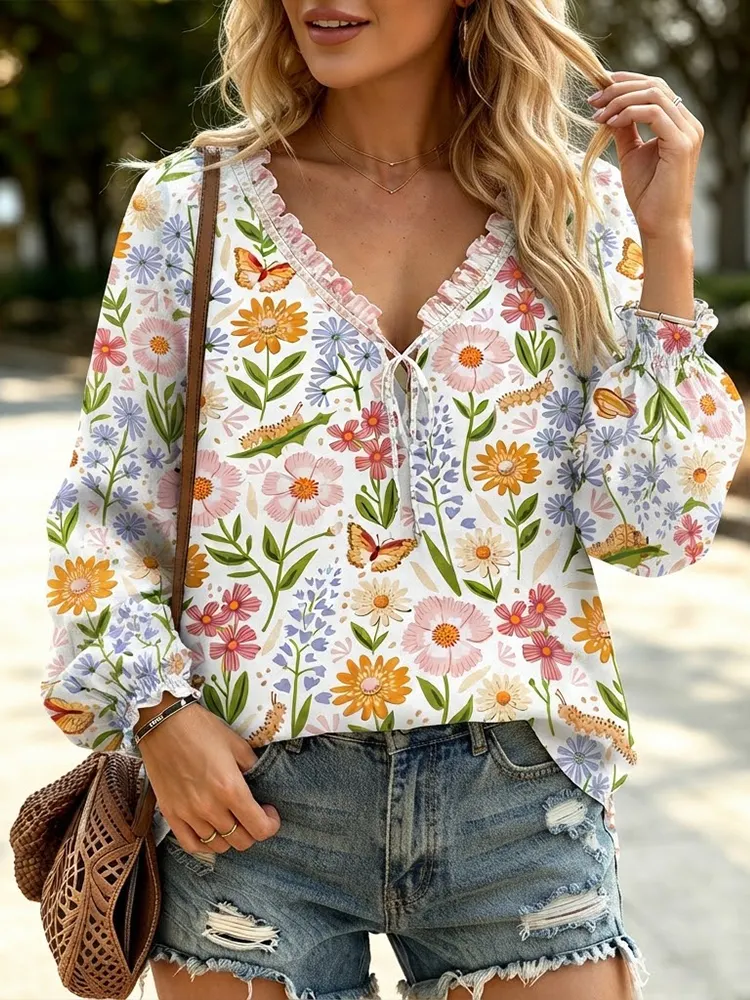 Comstylish Women's Floral Butterfly V-neck Blouse