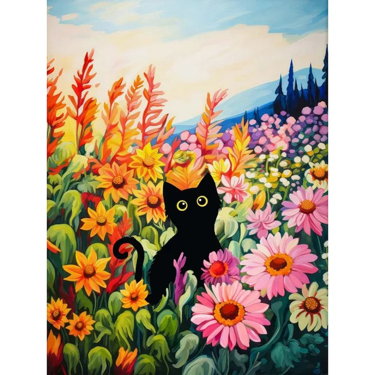 Full Round Diamond Painting - Black Cat And Flower 30*40CM