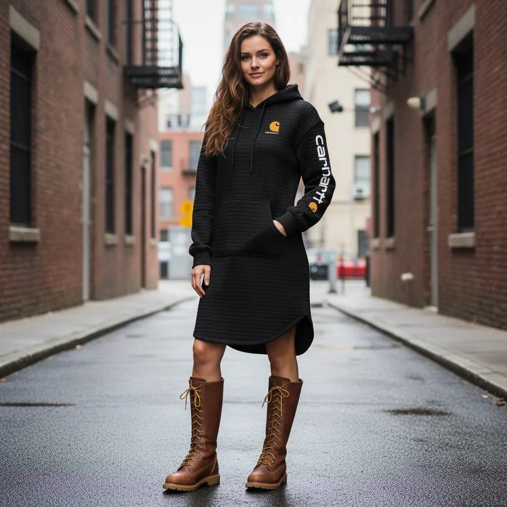 Women's Vintage White Waffle Quilted Plaid Hoodie Dress