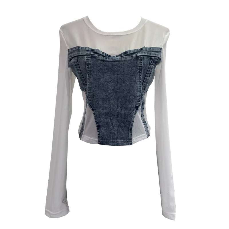 Uveng Spice Girls Design Sense Net纱 Stitched With Denim Blouse Long-Sleeved Bottom Shirts To Dress Short Niche T-Shirt 2633