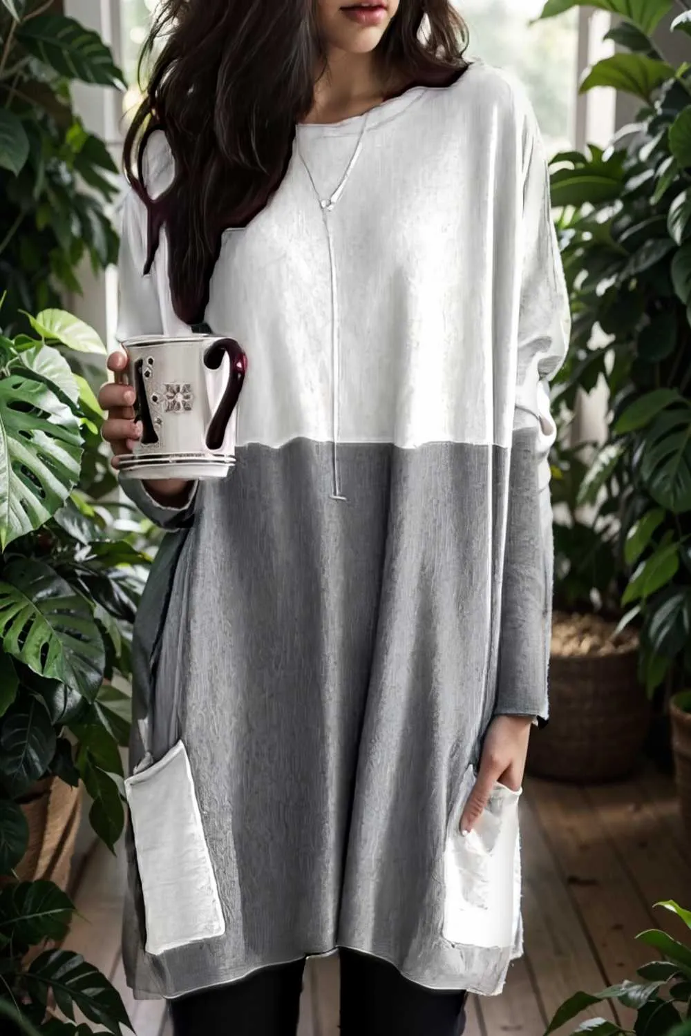 two color stitching pocket loose long sleeve t shirt