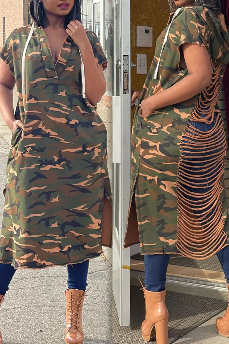 Camouflage Street Print Hollowed Out Split Joint Backless Hooded Collar Dresses