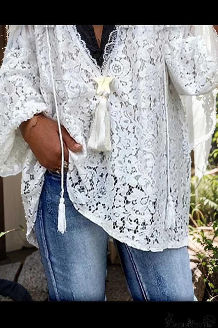 women s blouse white floral lace long sleeve daily vacation streetwear elegant casual v neck plus size l
