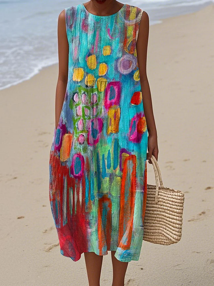 Women's Retro Geometric Print Cotton and Linen Dress