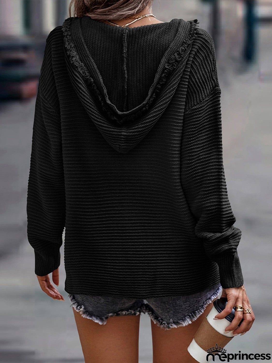 Horizontal Ribbing Hooded Sweater