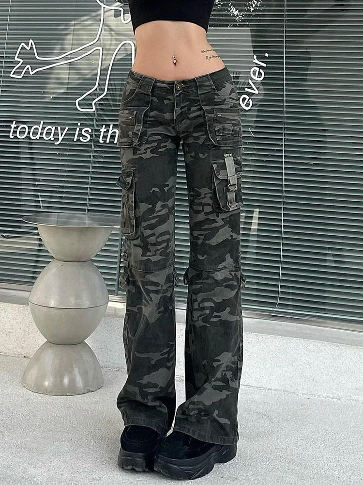 Zingj SUCHCUTE Streetwear Camouflage Women Jeans Vintage Low Waist Pocket Up Denim Trousers Korean Harajuku Baggy 90s Straight Pants