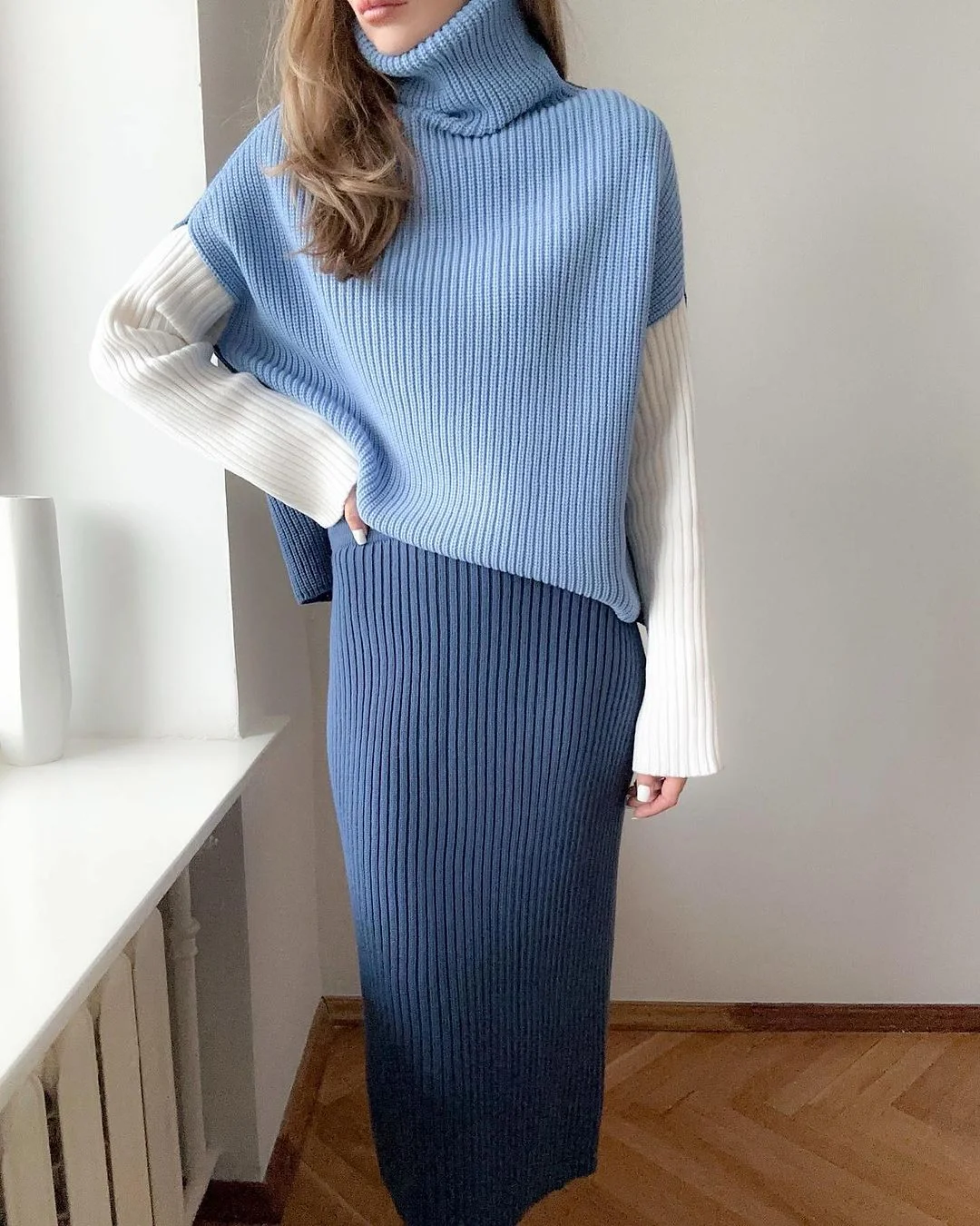 High collar striped knitted casual two-piece set