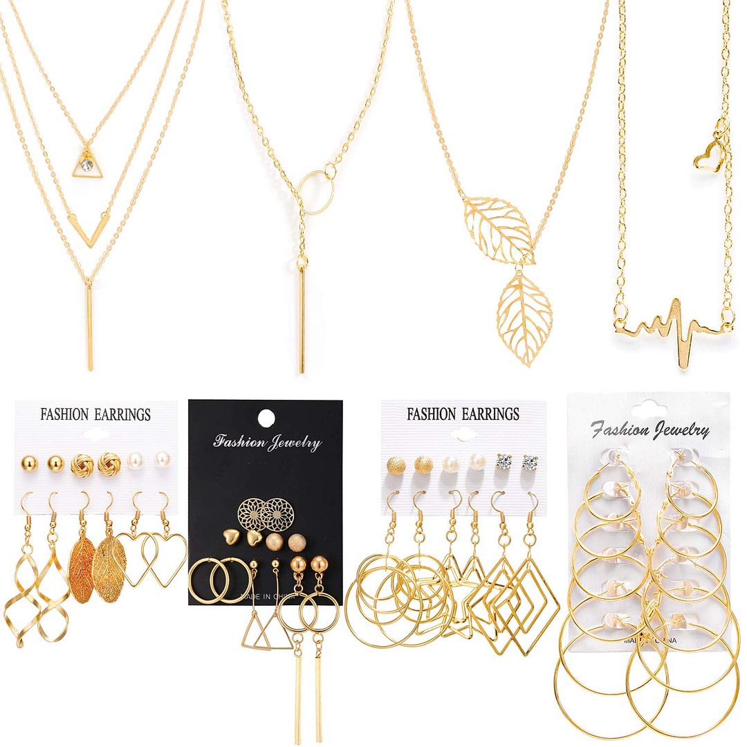 Necklace and Earring Jewelry Set with 24 Pairs Layered Ball Dangle Hoop Stud Earrings and 4 PCS Necklaces of Different Lengths