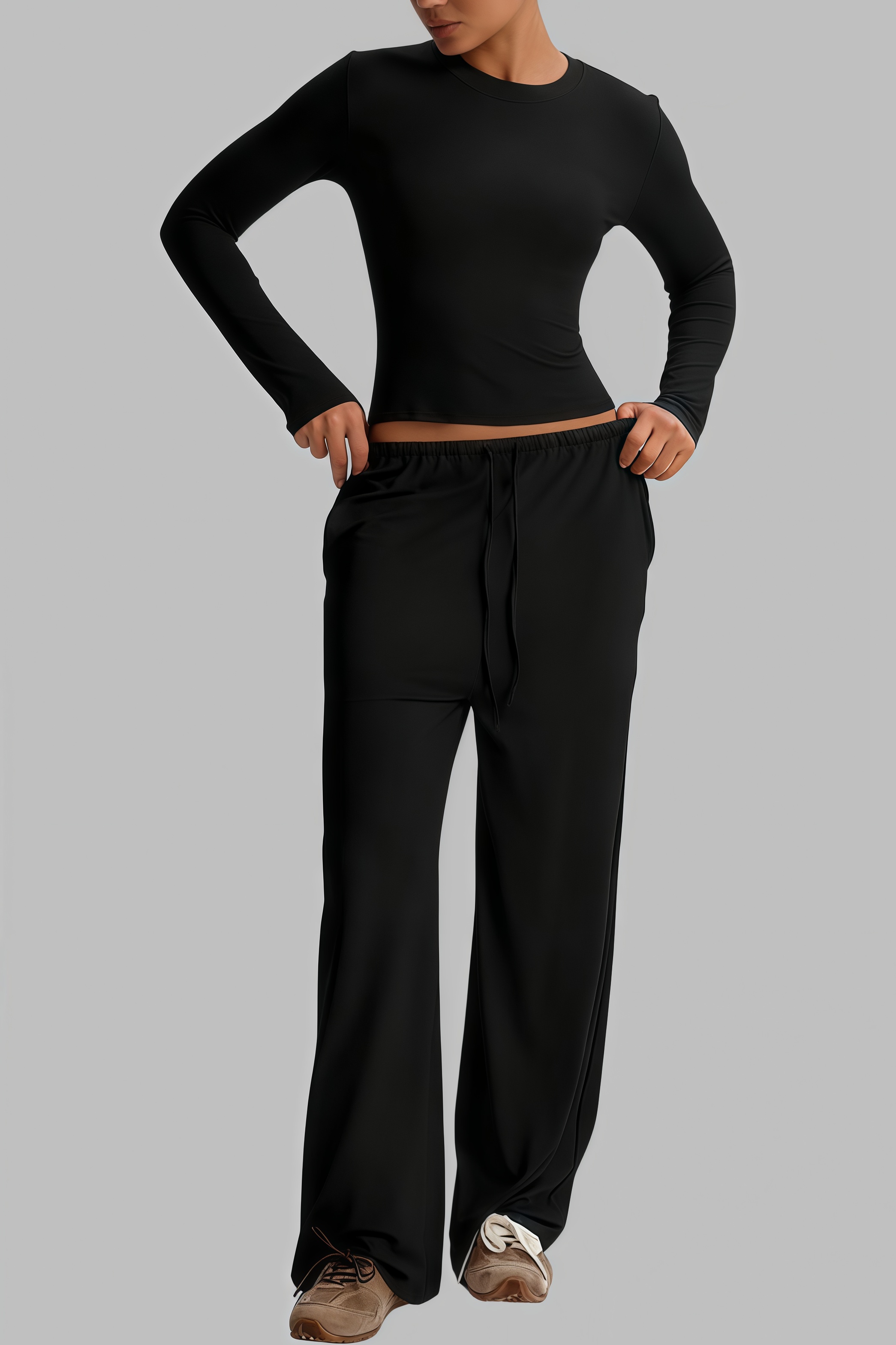Long-Sleeve Fitted Top and Wide-Leg Pants Set - HIGIANNA&reg;