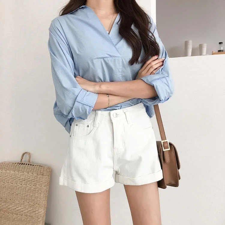 White/Blue High Waist Slim Fit Jean Shorts SP166234