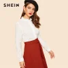 SHEIN Vintage White Mock Neck Ruffle Trim Embroidery Eyelet Blouse Women Spring Office Lady Button Placket Solid Elegant Blouses